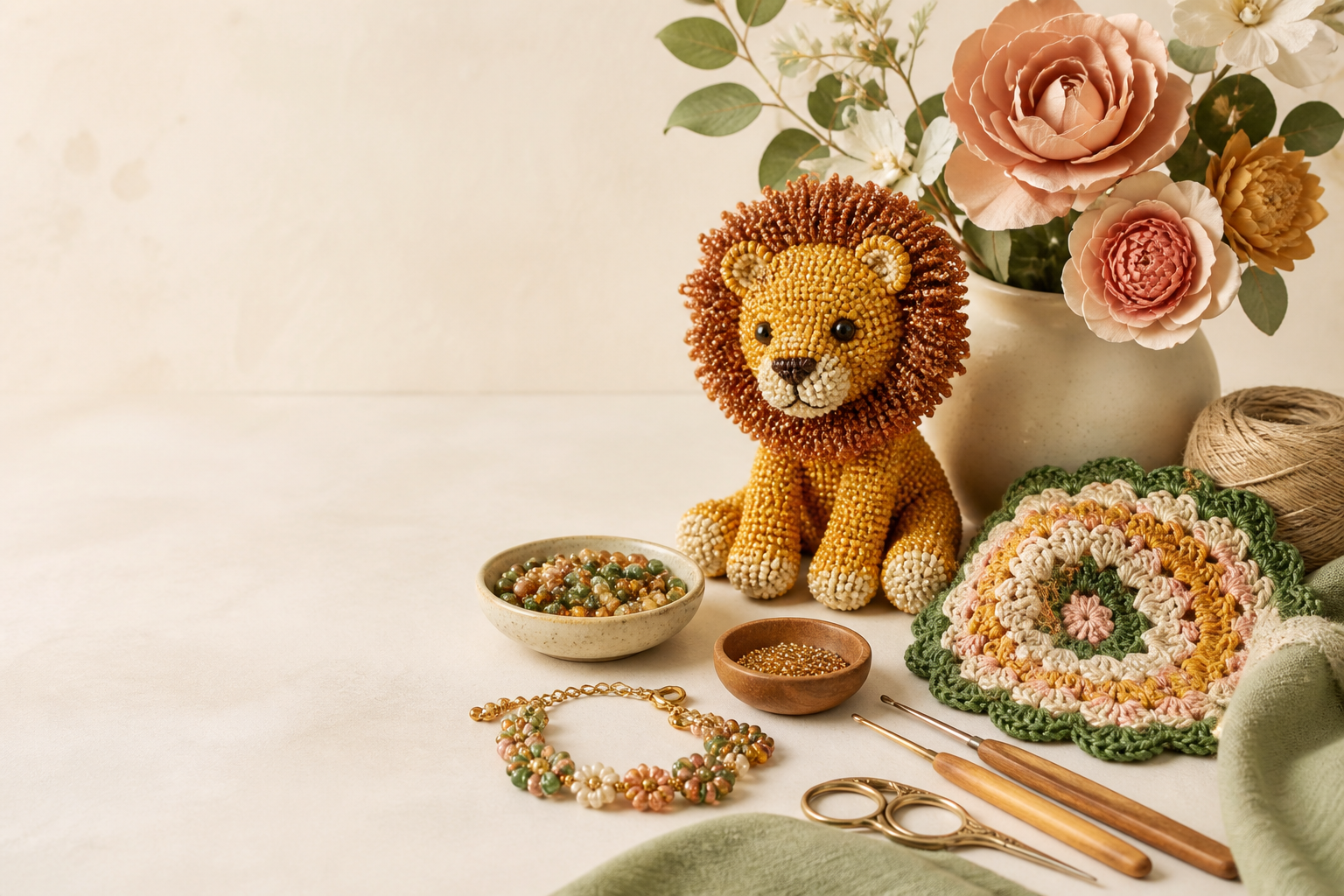 Beaded lion with crochet, paper flowers and handmade jewelry